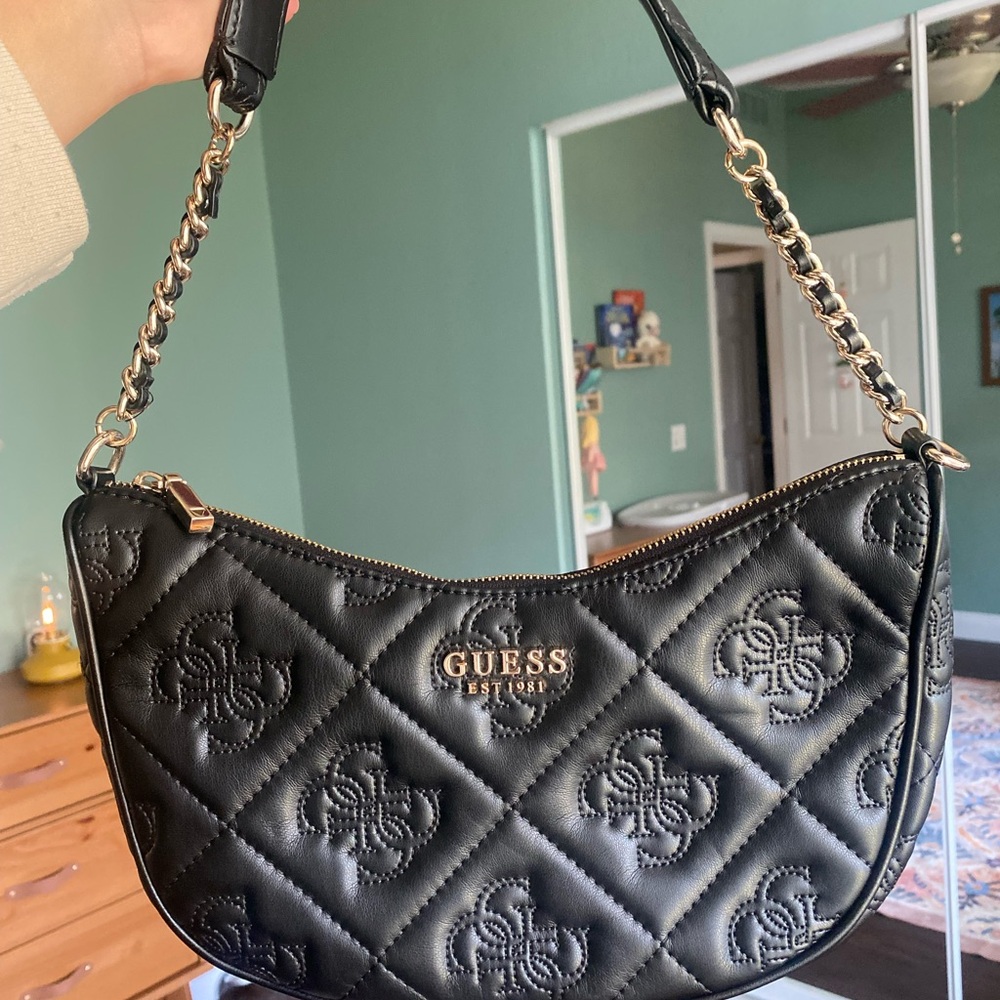 Guess Marieke Black Quilted Logo Shoulder Bag